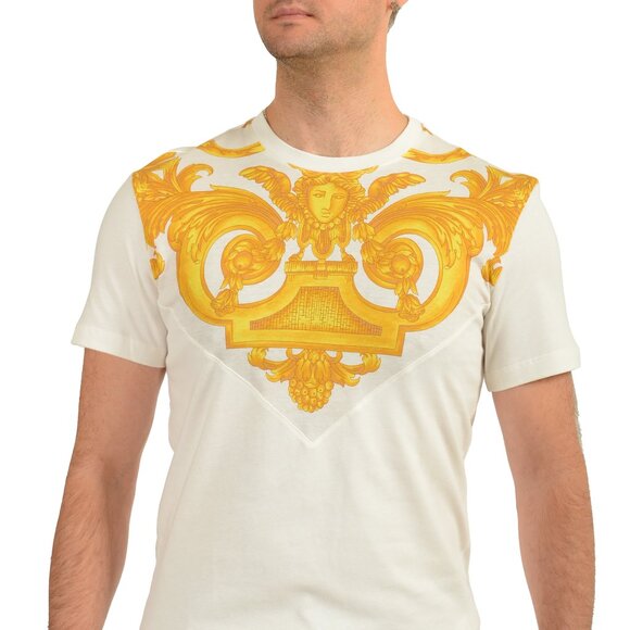 Versace Men's White & Gold Heritage Logo Print Short Sleeve T-Shirt US XS IT 46 - Picture 1 of 6